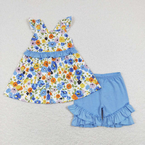 GSSO0494 baby girl clothes floral blue girl summer shorts set girl flower blue summer outfits