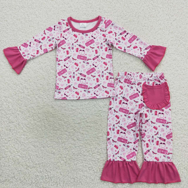 GLP0701 baby girl clothes hot pink girl winter pajamas set