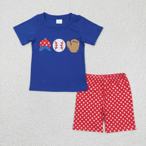 BSSO0098 baby boy clothes blue baseball embroidery summer outfits