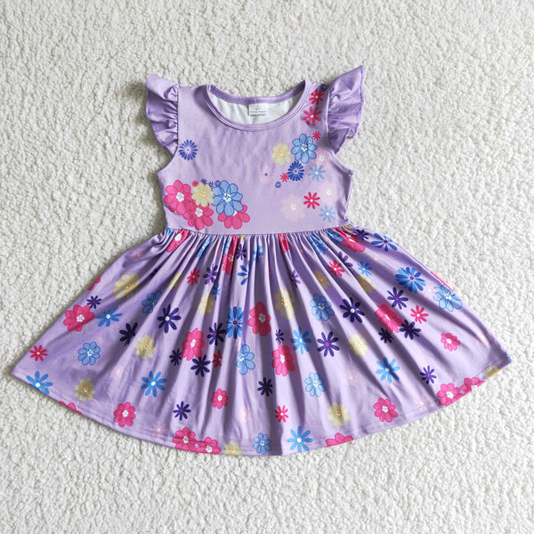 GSD0003 kids clothing girl summer purple flower flutter sleeve dress---promotion 2025.2.8 $2.99