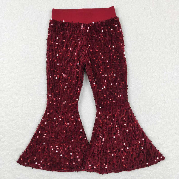 P0338 rts baby girl clothes girl sequin pant dark red bell bottom pant