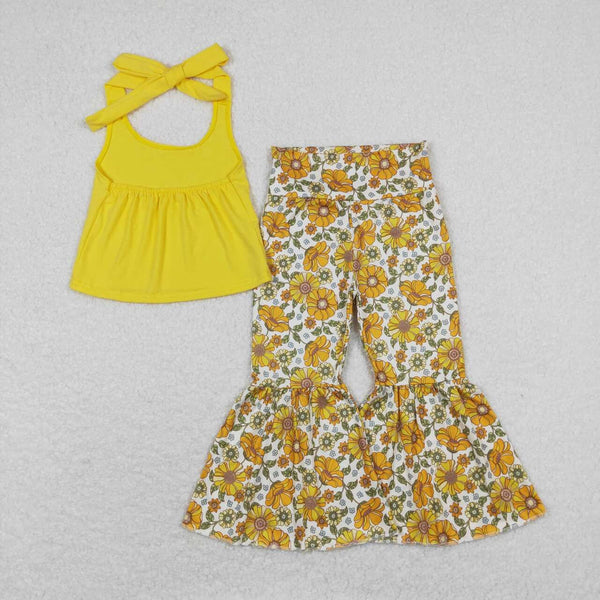 GSPO1430 RTS baby girl clothes yellow floral girl bell bottoms outfit