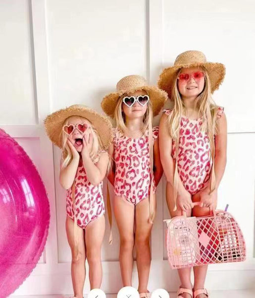 S0155 baby girl clothes pink leopard girl swimsuit swimwear 1