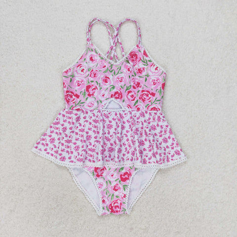 S0247 RTS baby girl clothes pink floral girl summer swimsuit