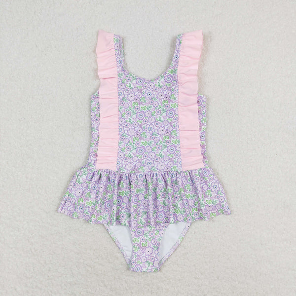 S0331 RTS baby girl clothes floral pink girl summer swimsuit beach wear 1