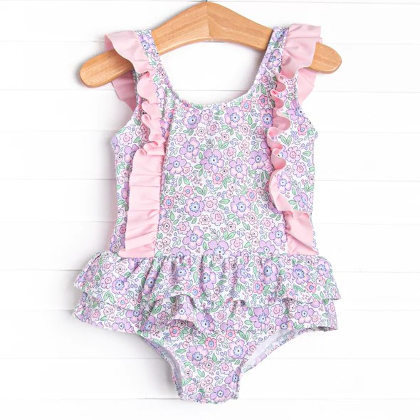 S0331 RTS baby girl clothes floral pink girl summer swimsuit beach wear