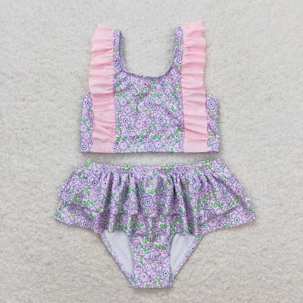 S0332 RTS baby girl clothes floral pink girl summer swimsuit beach wear