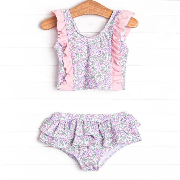 S0332 RTS baby girl clothes floral pink girl summer swimsuit beach wear