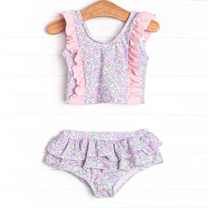 S0332 RTS baby girl clothes floral pink girl summer swimsuit beach wear