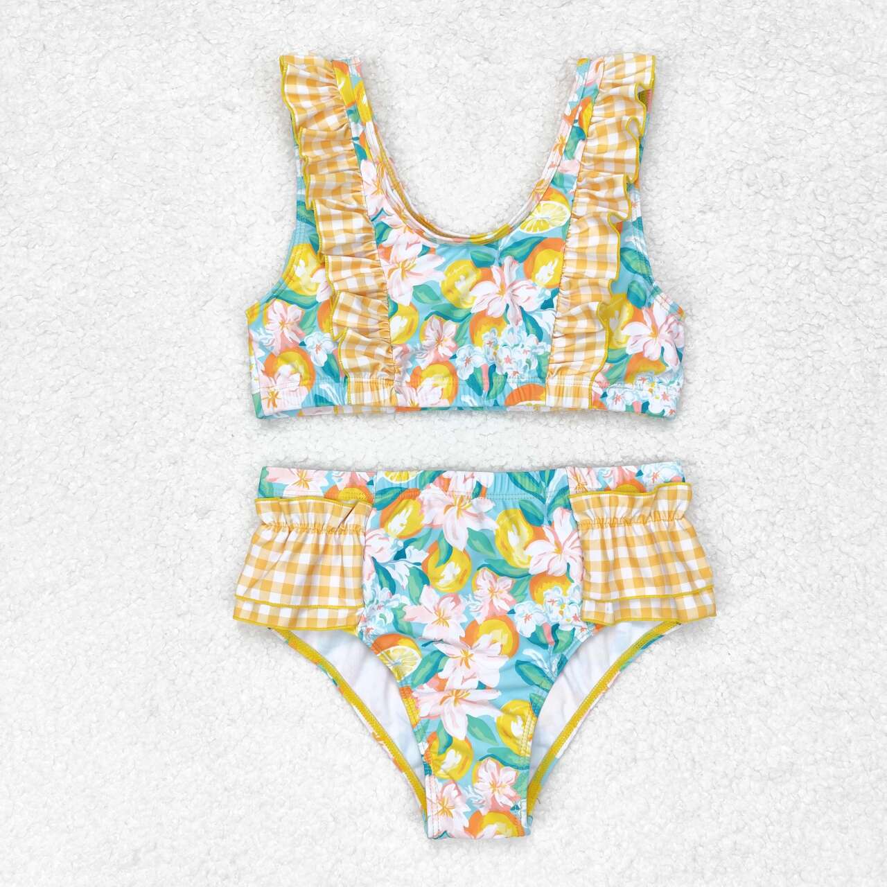 S0343 RTS baby girl clothes yellow girl summer swim suit plaid leomon swim wear