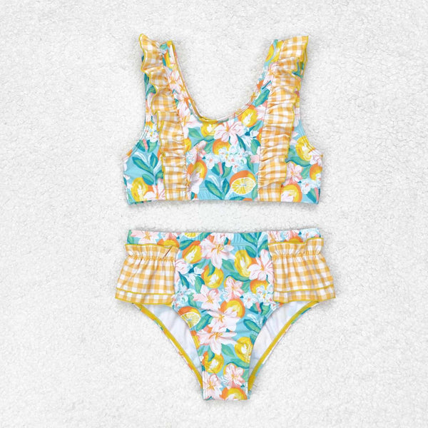 S0343 RTS baby girl clothes yellow girl summer swim suit plaid leomon swim wear