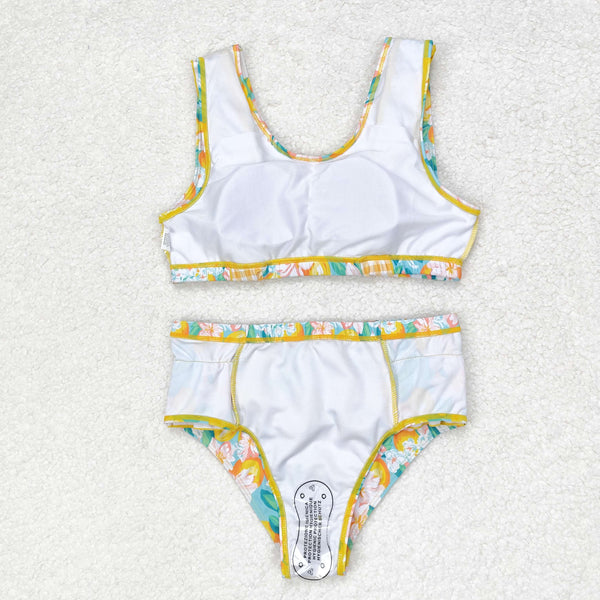 S0343 RTS baby girl clothes yellow girl summer swim suit plaid leomon swim wear