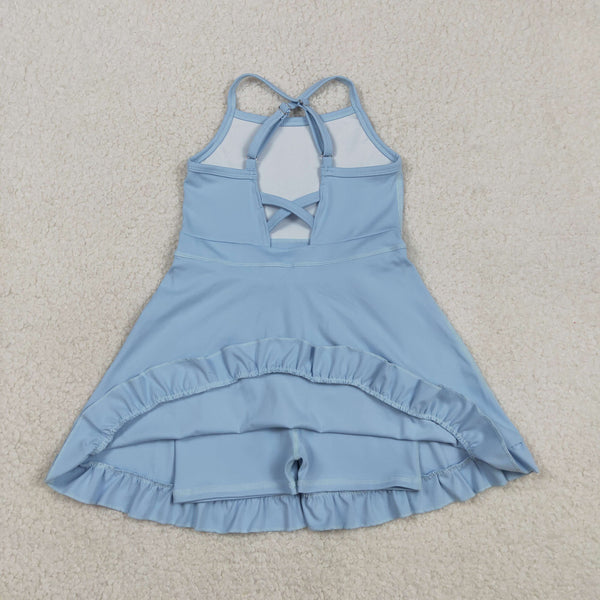 S0713 RTS baby girl clothes blue girl summer sports dress yoga atheletic dresses beach wear yoga wear