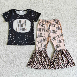 GSPO0037 kids clothing girl love like jesus short sleeve leopard fall spring set-promotion 6.1 $5.5