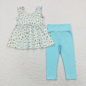 GSPO1177 baby girl clothes blue leopard print sleeveless girl fall outfit toddler spring set  summer clothing set