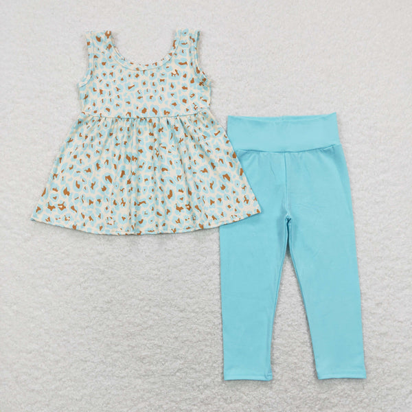 GSPO1177 baby girl clothes blue leopard print sleeveless girl fall outfit toddler spring set  summer clothing set