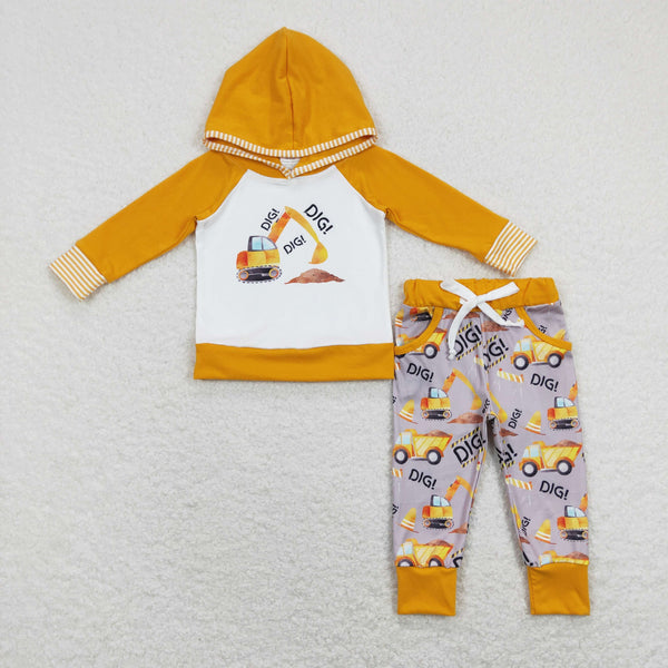 BLP0452 kids clothes boys excavator outfit yellow tractor hoodie outfits