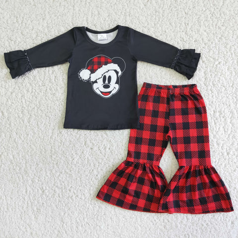 girl black shirt red plaid pants winter long sleeve set