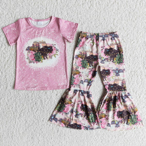 E12-15 girl clothes pink cactus cow farm short sleeve fall spring set-promotion 2024.3.2 $5.5