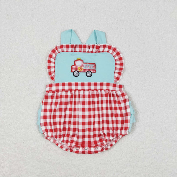 SR0958 RTS baby girl clothes fire truck embroidery girl summer romper summer bubble