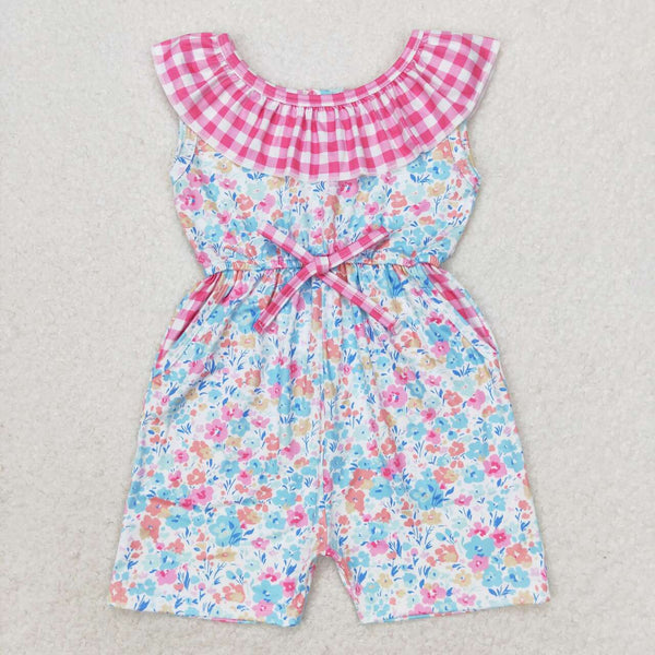 SR1244 RTS baby girl clothes floral gingham girl summer jumpsuit