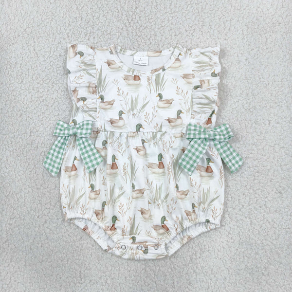 RTS SR2257 baby romper mallards duck  green gingham bow summer romper