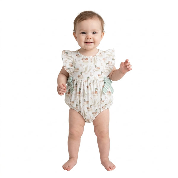 RTS SR2257 baby romper mallards duck  green gingham bow summer romper