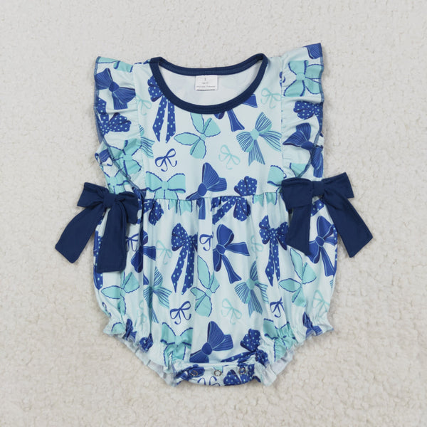 SR3121 RTS baby summer bubble blue bows girl summer romper
