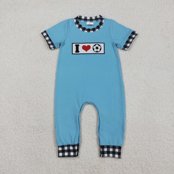 SR3369 RTS baby boy clothes blue cotton embroideried I love football summer romper
