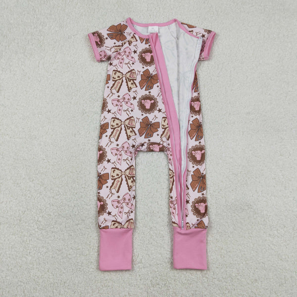 RTS SR3763  baby girl clothes pink bows print toddler girl summer romper
