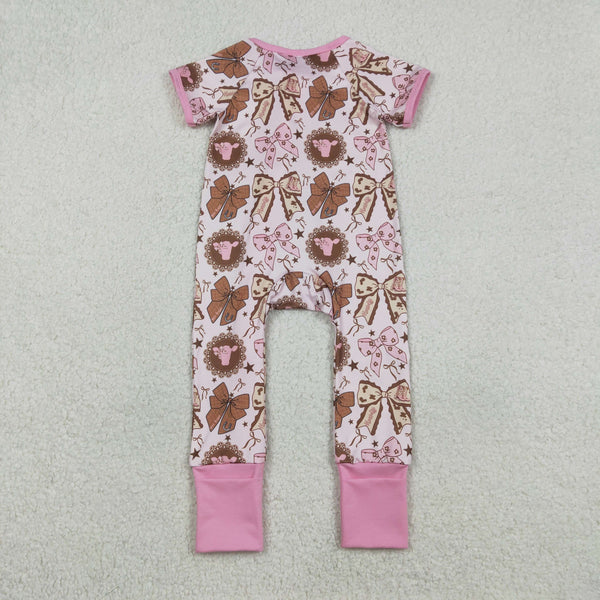 RTS SR3763  baby girl clothes pink bows print toddler girl summer romper
