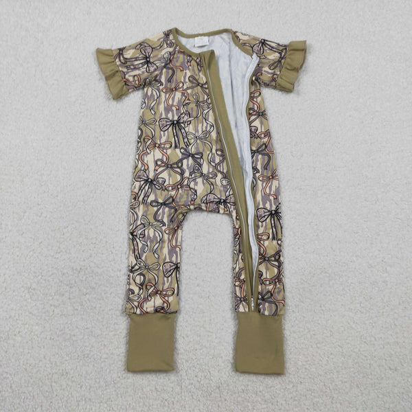 SR3931 RTS baby girl clothes bows print toddler girl summer romper hunting clothes