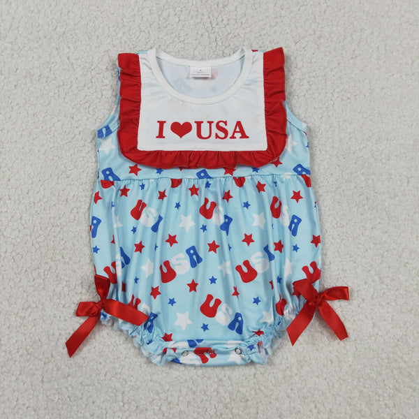 SR4154 RTS baby clothes I love USA flag print toddler girl 4th of July patriotic summer bubble