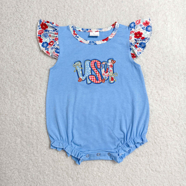 SR4186 RTS baby clothes USA embroidery toddler girl summer bubble onesie 4th of July clothes