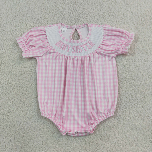RTS SR4230 baby girl clothes baby sister pink gingham smocked print short sleeve romper