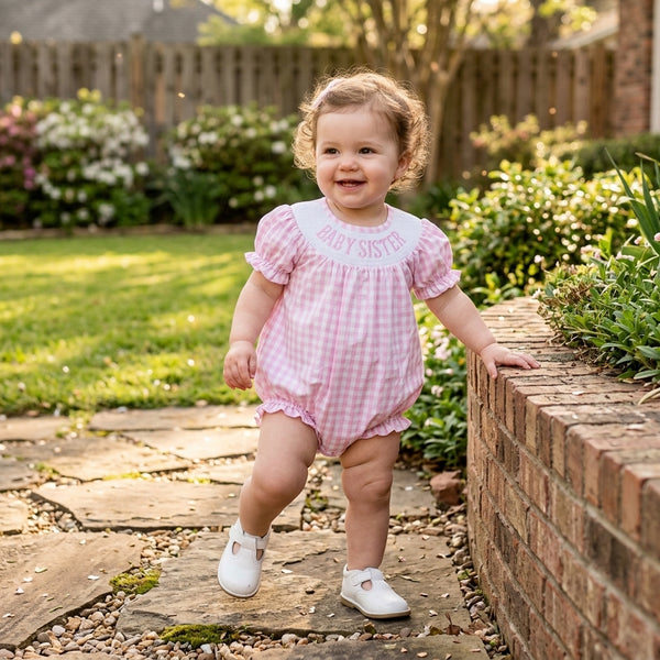 RTS SR4230 baby girl clothes baby sister pink gingham smocked print short sleeve romper