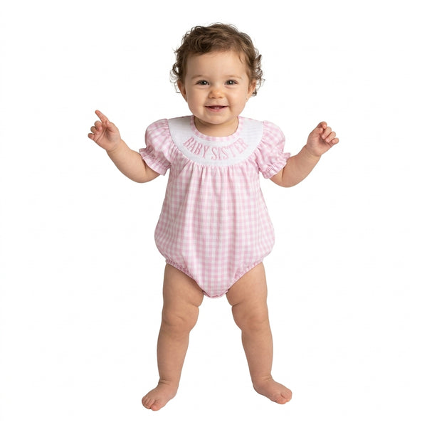 RTS SR4230 baby girl clothes baby sister pink gingham smocked print short sleeve romper