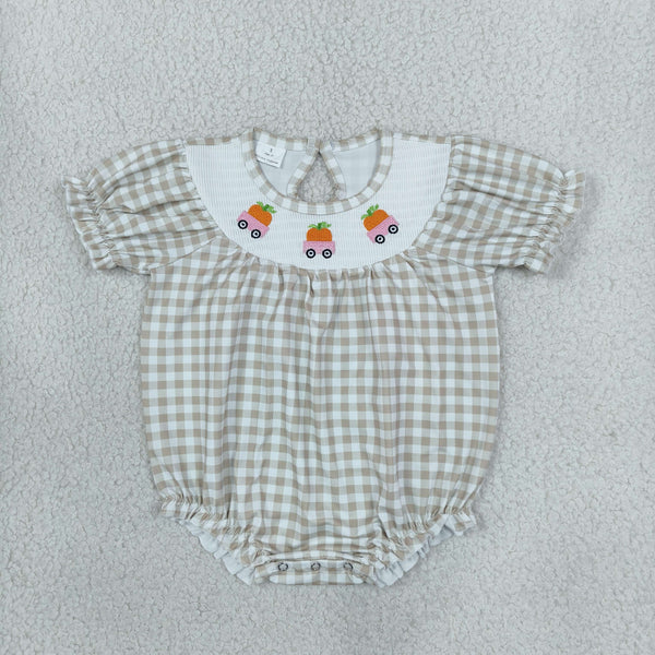 RTS Matching clothing kids carrot truck embroidery gingham print baby girl short sleeve dress and romper-2026.10.8