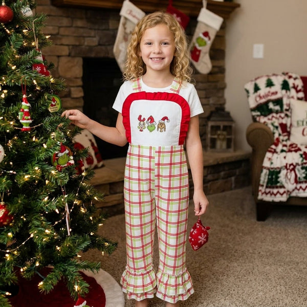 RTS SR4282 toddler girl clothes Christmas gnome embroidery plaid jumpsuit