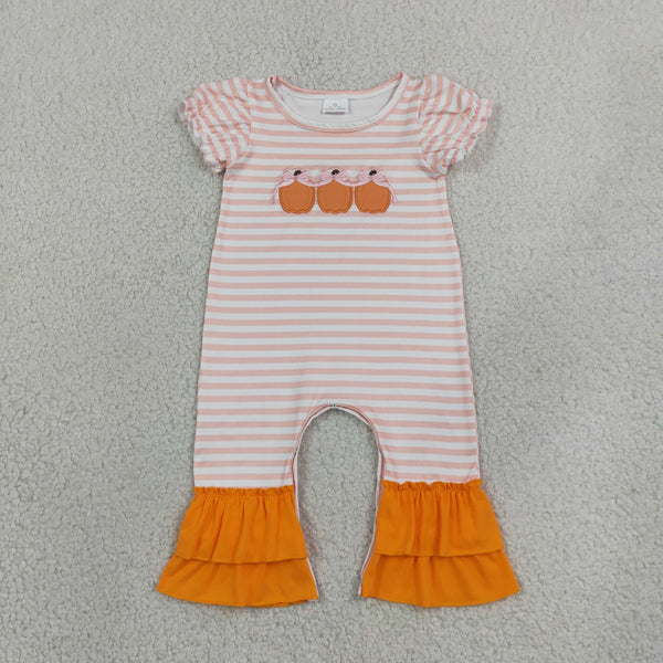 RTS SR4284 baby girl clothes halloween pumpkin embroidery print short sleeve romper outfit