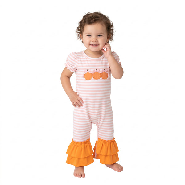 RTS SR4284 baby girl clothes halloween pumpkin embroidery print short sleeve romper outfit
