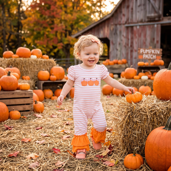 RTS SR4284 baby girl clothes halloween pumpkin embroidery print short sleeve romper outfit