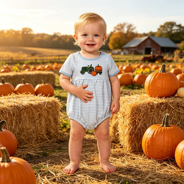 RTS SR4286 baby girl clothes halloween pumpkin tractor embroidery print short sleeve romper