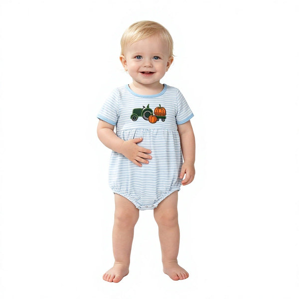 RTS SR4286 baby girl clothes halloween pumpkin tractor embroidery print short sleeve romper
