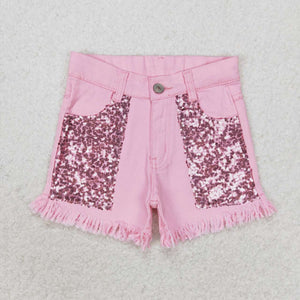 SS0230 RTS toddler clothes pink sequined girl summer denim shorts