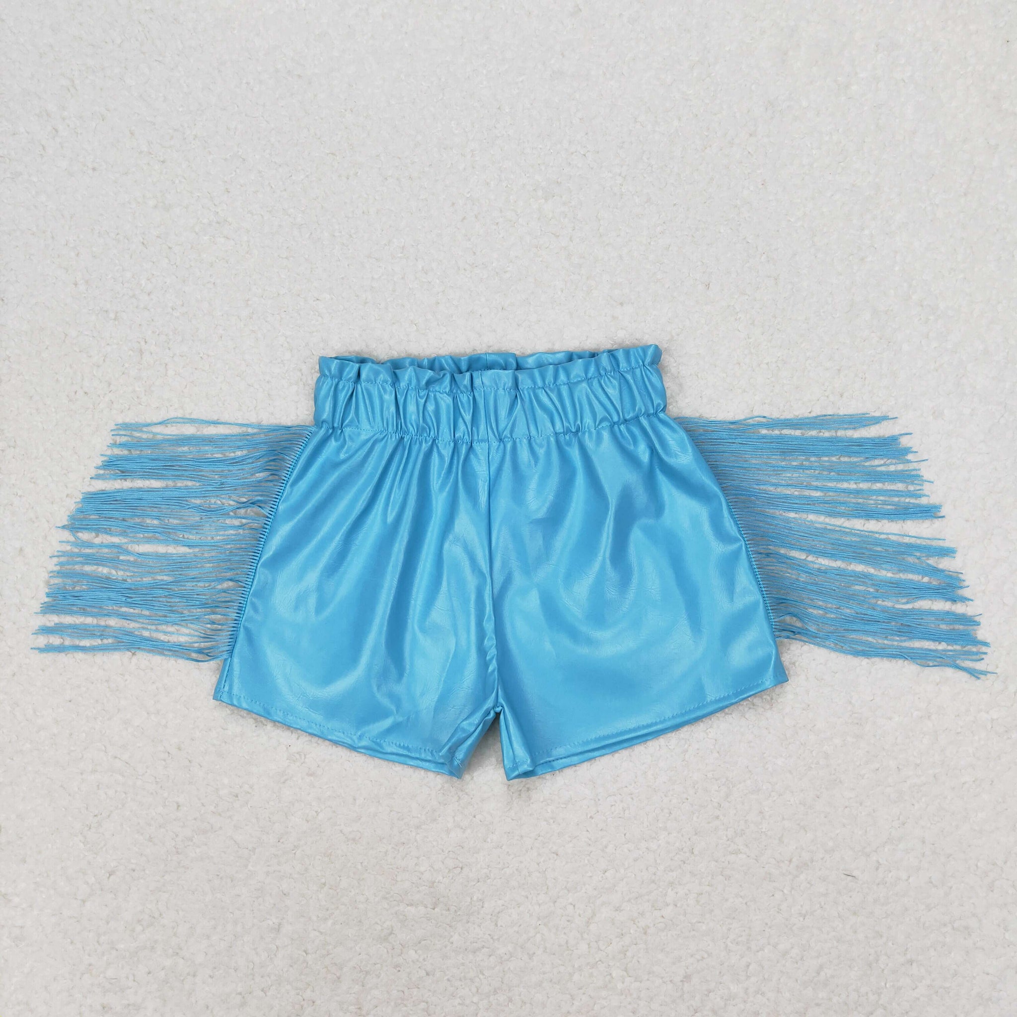 SS0241 RTS toddler clothes blue baby girl summer tassel blue leather shorts summer bottom