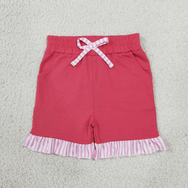 RTS SS1001 toddler girl clothes solid ruffle short with pocket striped bow detail