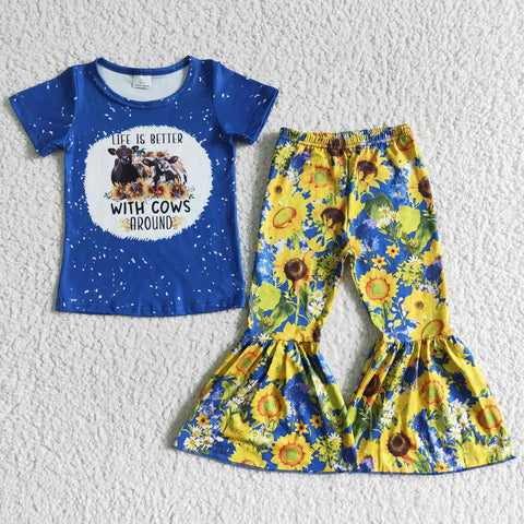 GSPO0071 RTS kids clothing cow sunflower fall spring set-promotion 6.1 $5.5