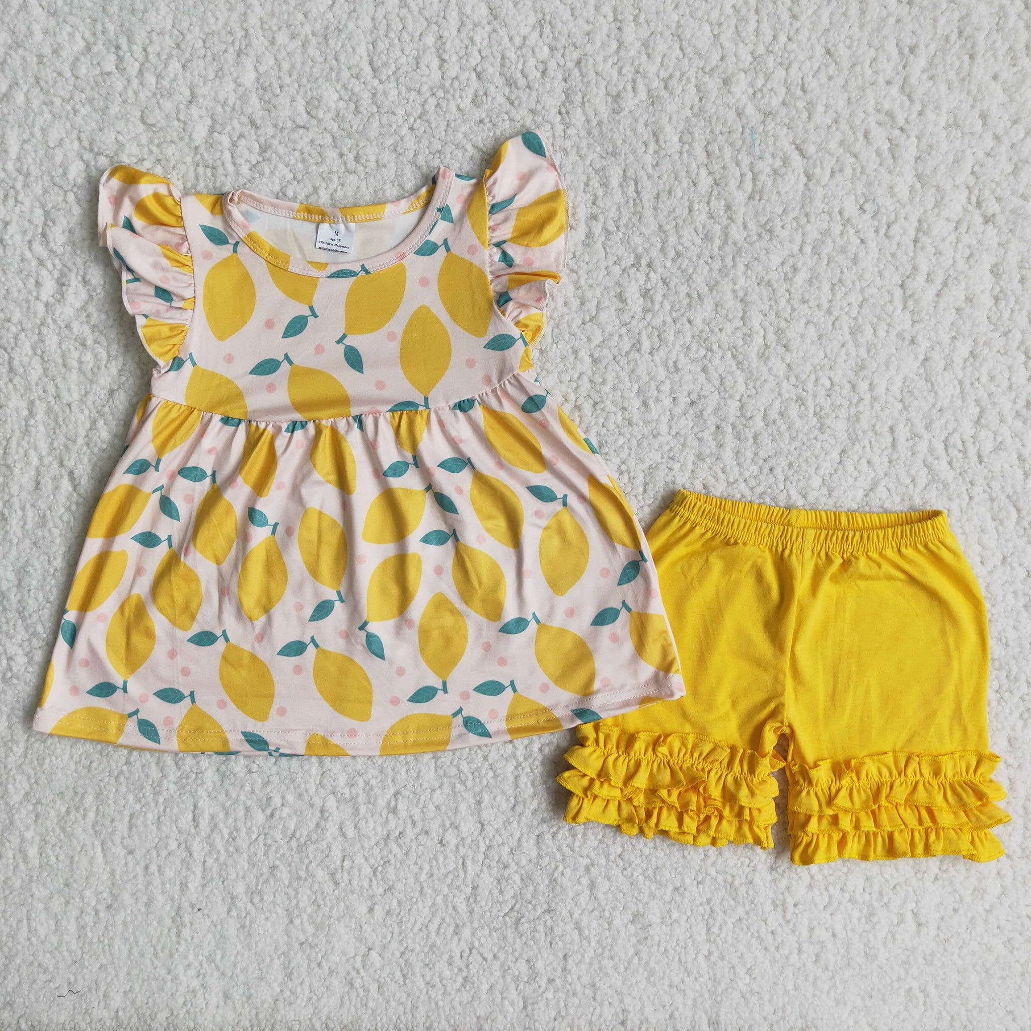 C15-37 girl lemon fruit yellow summer flutter sleeve set-promotion $5.5 2024.4.13