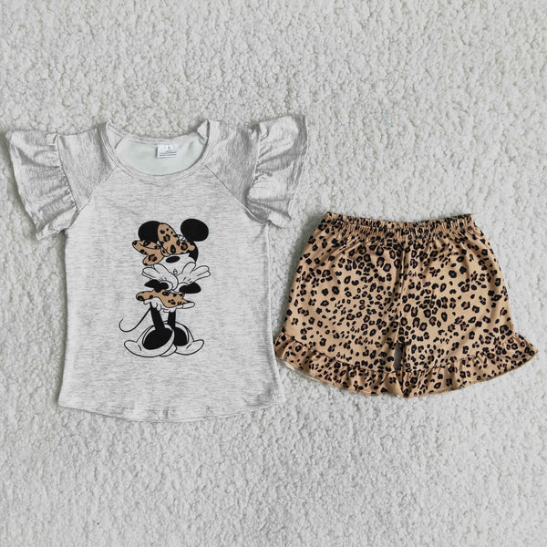 girl leopard cartoon short sleeve summer set
